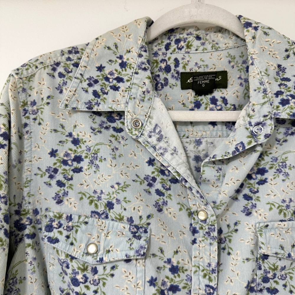 Eddie Bauer Floral Corduroy Snap Front Shirt Womens Large Blue Western - Picture 2 of 6
